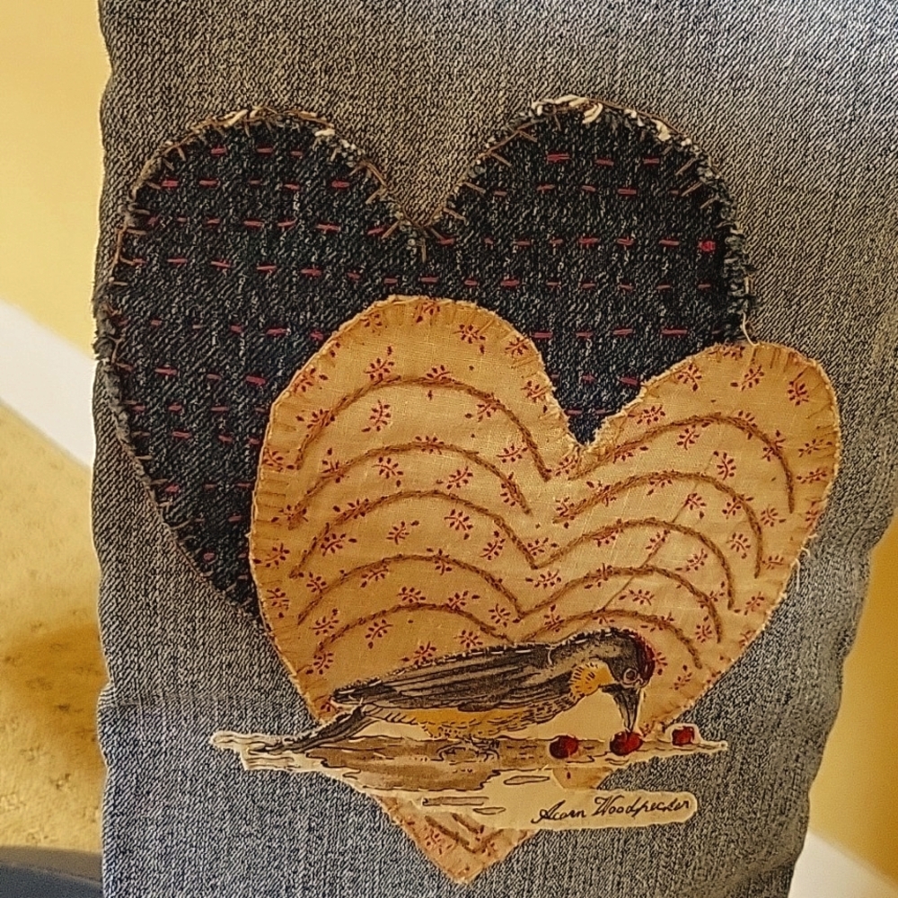 HAND CRAFTED Jeans UPCYCLED Blue Denim Patchwork Bird Floral Applique Size 6 - Picture 8 of 17